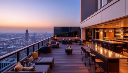 Poster - Rooftop Bar with City Skyline at Dusk.