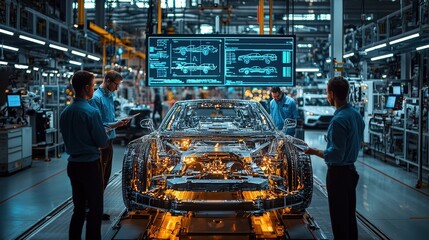 Engineers work together, analyzing the components of an advanced electric vehicle in a modern manufacturing facility