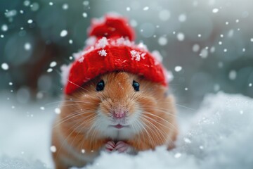 Wall Mural - Cute Hamster in Red Hat in the Snow