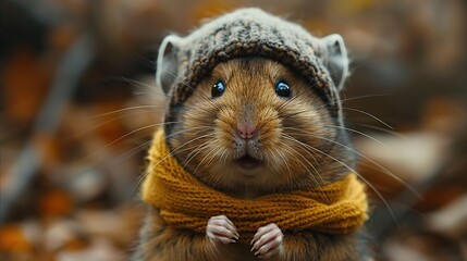 Wall Mural - Cute Hamster in a Hat and Scarf