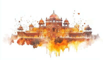 Watercolor depiction of an Indian palace lit up for Diwali, grand and festive, isolated on white background