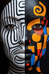 Fototapete - A model displays artistic face paint blending black and white designs with colorful patterns on one side, highlighting creativity and artistry
