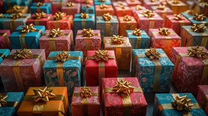 Poster - A series of vibrant gift boxes adorned with gold ribbons are neatly arranged for a joyful holiday celebration, creating a cheerful atmosphere