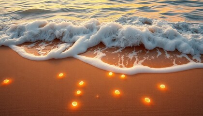 Wall Mural - Golden Sands and Foamy Waves at Sunset.