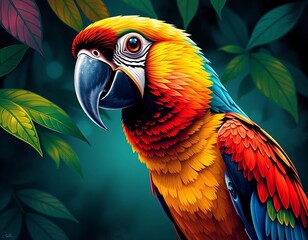 Wall Mural - brightly colored parrot sitting on branch of tree with leaves in background.