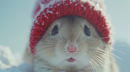 Wall Mural - Cute Gerbil in a Red Knit Hat