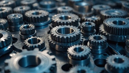 Close-up of blue metal gears that are interconnected, symbolising machinery and teamwork.