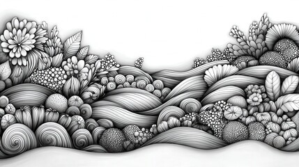 Wall Mural - A detailed drawing showcases swirling patterns of flowers, leaves, and shapes in a harmonious black and white composition