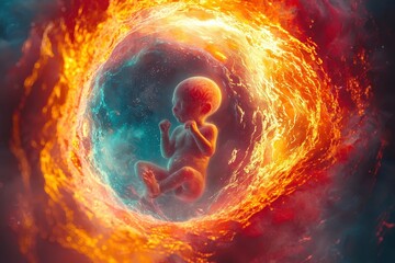 A human embryo floats in a swirling cosmic environment of intense colors and flames, depicting a surreal and otherworldly scene of creation