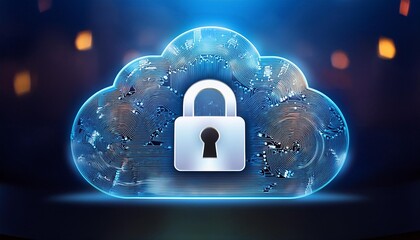 Abstract illustration of cloud security services, stylized cloud icon integrated with a secure padlock symbol, representing data protection and cybersecurity in cloud computing environments,Cloud comp