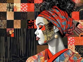 Wall Mural - A woman with a red scarf on her head is the main subject of the image. The woman is wearing a red scarf and has a gold earring. The image is a collage of different colored squares