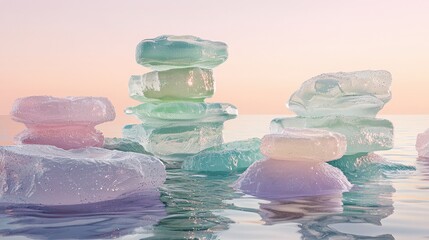 Canvas Print - Colorful ice blocks reflect soft hues while floating gently on tranquil water during a peaceful sunset