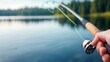 © JP STUDIO LAB - A close-up of a hand holding a fishing rod, with the line cast into a calm lake
