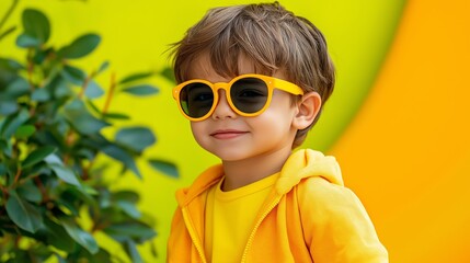 Wall Mural - A young boy wearing yellow sunglasses and a yellow hoodie is smiling. The scene is set against a green background, with a potted plant in the foreground