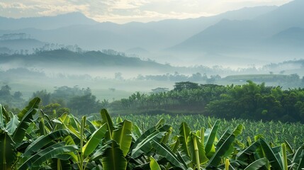 Banana plant in plantation farm field with mountain background