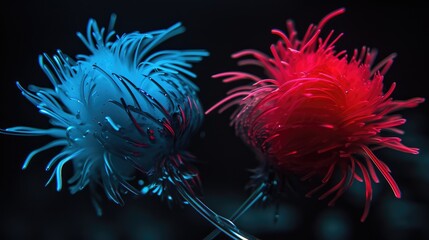 Wall Mural - A vibrant image featuring blue and red fuzz balls illuminated by colorful light effects, showcasing creativity and innovation in digital photography.