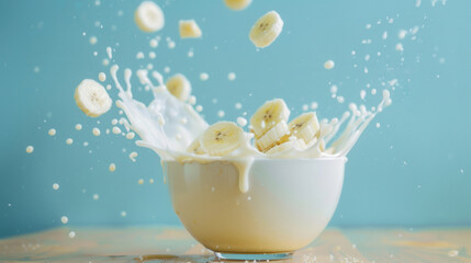 Fresh banana fruit with milk splash closeup macro view