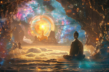 Wall Mural - buddha sitting on a lotus flower, with a background of the sky with the sun and mountains