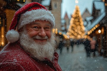 Canvas Print - A cheerful Santa Claus stands in a snowy market, surrounded by twinkling lights and a large Christmas tree