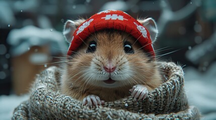 Wall Mural - Cute Hamster in a Red Hat and Knitted Scarf Enjoying Winter