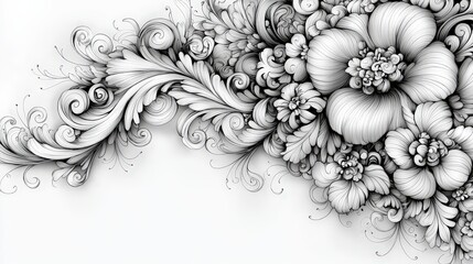 Poster - A detailed black and white illustration showcases various flowers and swirling elements, creating an elegant, intricate floral design