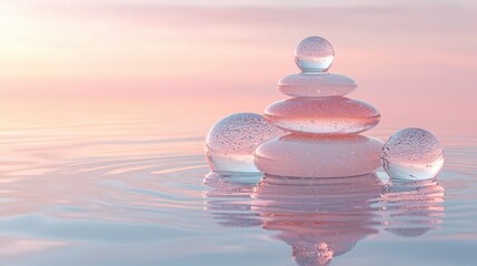 Poster - Clear stones are stacked gently on water, reflecting pastel colors during a serene sunset, creating a peaceful atmosphere