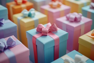 Sticker - Rows of vibrant gift boxes in various colors adorned with bows, creating a cheerful atmosphere ideal for celebrations