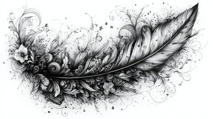 Fototapete - A detailed feather illustration features swirling floral designs and intricate patterns, showcasing a blend of elegance and creativity