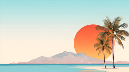 Wall Mural - Tropical Sunset Background with Palm Trees and Mountains for Your Design Projects