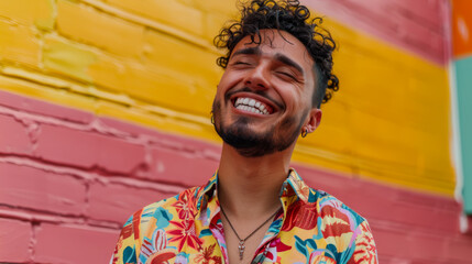 Wall Mural - Portrait of a happy man in bright clothes having fun against a bright background outdoors. Lifestyle.