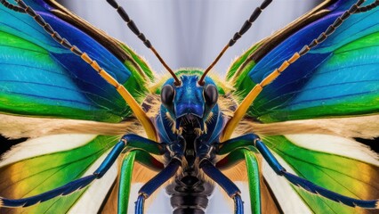 Sticker - A macro close up of a butterfly with many colors on its wings, AI