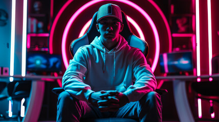 Wall Mural - Portrait of a young man in a baseball cap and sweatshirt on a large chair in neon light. Lifestyle.