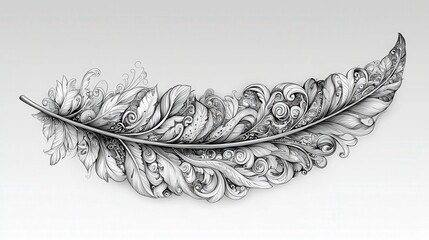Fototapete - A beautifully detailed feather features elaborate floral designs and swirling patterns, showcasing intricate artistry in black and white