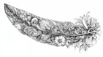 Fototapete - An elaborate feather design blends natural elements with intricate floral patterns and swirling lines, showcasing artistic skill and creativity