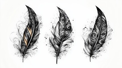 Fototapete - Three beautifully designed feather  illustrations showcase detailed patterns and swirling elements, perfect for artistic endeavors or decoration