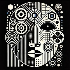 Fototapete - A unique artwork showcases a stylized face composed of geometric shapes and patterns against a black backdrop, blending art and abstraction