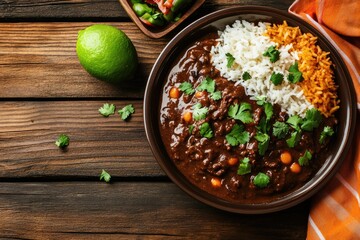 Wall Mural - Colorful bowl of spicy chili and rice on table with wooden background.