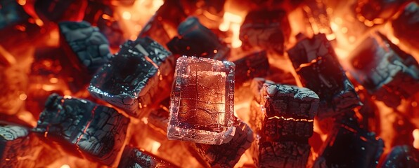 Close up of burning coals in a fireplace or grill, with flames and embers visible.  The heat and intensity of the fire are evident.