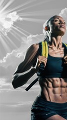 Wall Mural - A woman in a sports bra and shorts with her hands on the back of her neck, AI