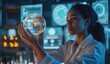 © Boxiang - Female scientist holding a transparent sphere on her desk with floating holographic charts and graphs, set in a futuristic environment with soft lighting and advanced technology.