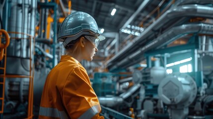 Woman employee in a modern industrial facility or production line in the light industry, wearing a security helmet