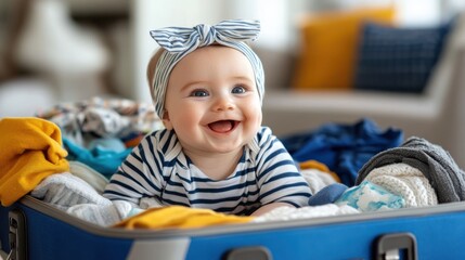 A baby is seen smiling happily while lying inside a suitcase full of colorful clothes, dressed in a striped outfit and headband, creating a cheerful and lively scene.