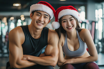 Wall Mural - young happy couple in the santa hat training in the fitness gym, sport active lifestyle in christmas time