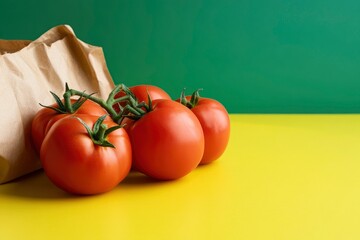 Creative template for designing with frontal shot against green color background, some ripe tomatoes flat lay on yellow countertop, next to a paper bag of vegetable. with generative ai