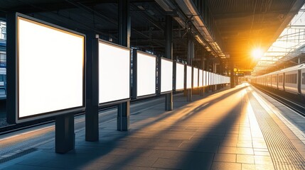 Blank advertising boards at a train station platform.