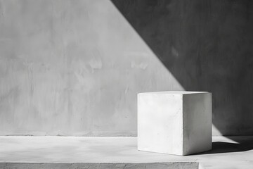 Poster - A white cube placed against a gray background is illuminated by light and shadow interplay, emphasizing geometric shapes and modern minimalist artistic expression.