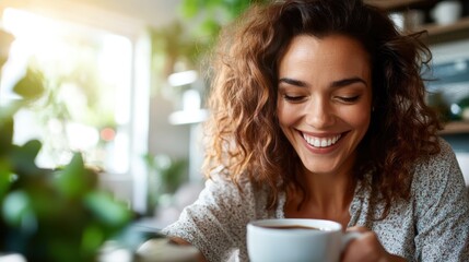 Wall Mural - A radiant woman sips coffee with a broad smile in a cozy, plant-filled cafe, enjoying a serene moment bathed in natural light, reflecting joy, relaxation, and a peaceful atmosphere.