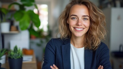 Wall Mural - A cheerful woman wearing a blue jacket is smiling confidently with her arms crossed, standing in a modern indoor office space filled with greenery and natural light.