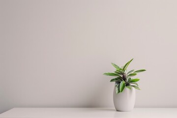 Poster - Charming small potted plant with vibrant green leaves placed on a white surface in a bright, minimalist room, capturing the essence of simplicity and elegance.