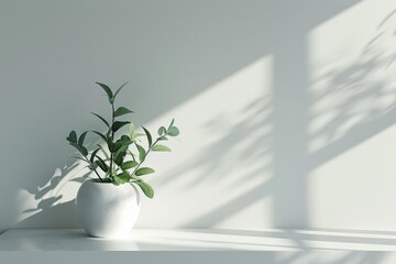 Poster - A minimalist composition featuring a potted plant with green leaves, bathed in natural sunlight, set against a clean and bright background, highlighting simplicity and growth.